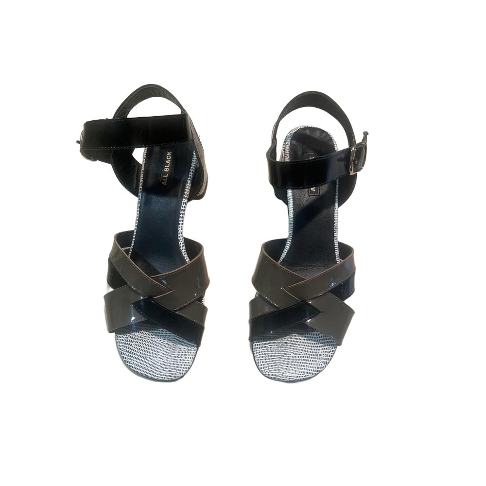All Black Black Strappy Design Ankle Strap Open Toe Patent Leather Sandals EU 39